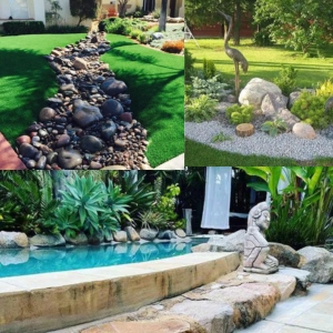 Rock and pebbles work in garden